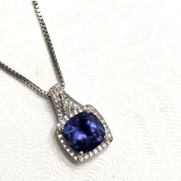 Blue Sapphire Diamond Pendant Sterling Silver Box Chain...